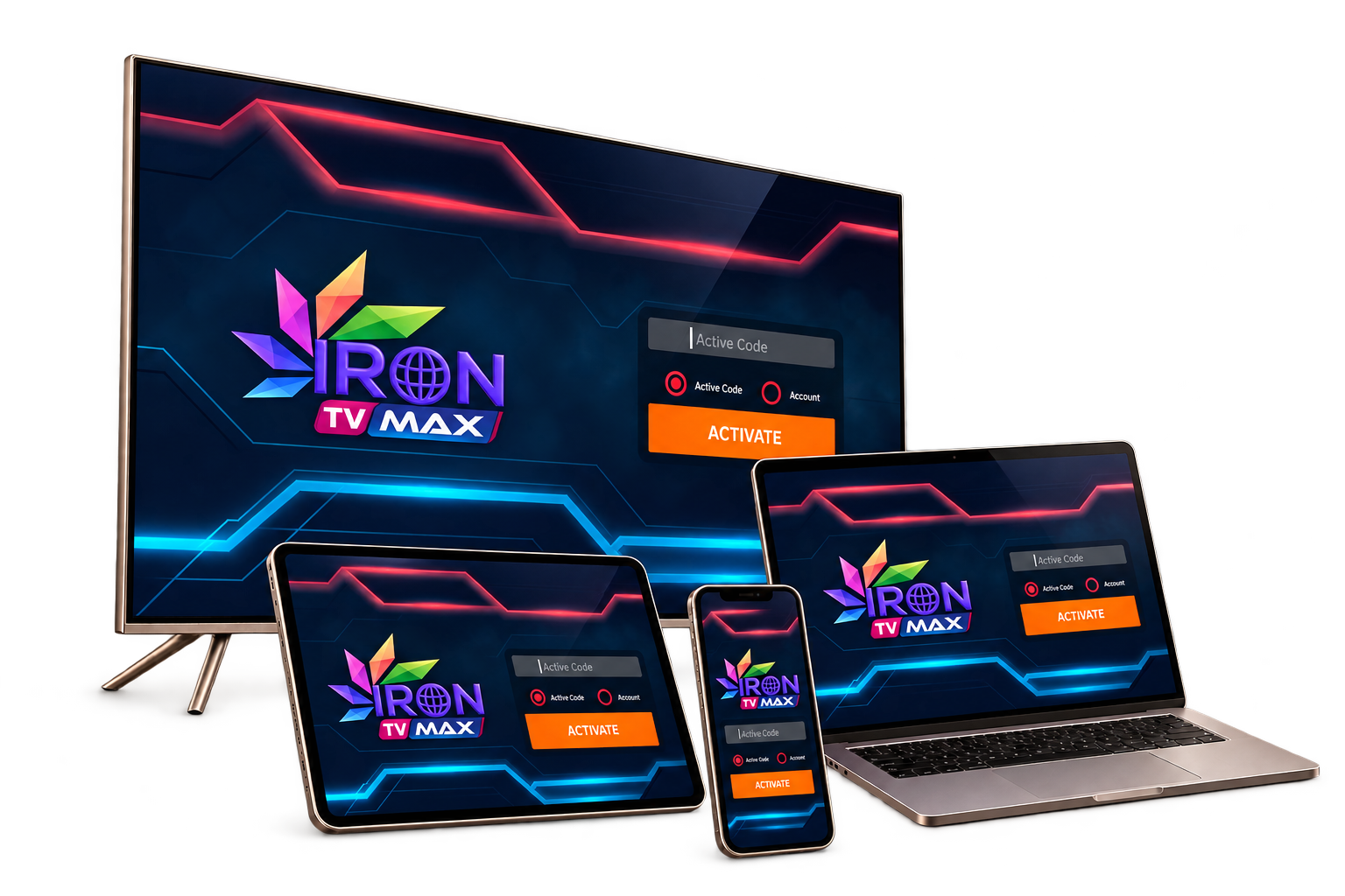 IRON TV MAX affiché sur téléviseur, ordinateur portable et smartphone